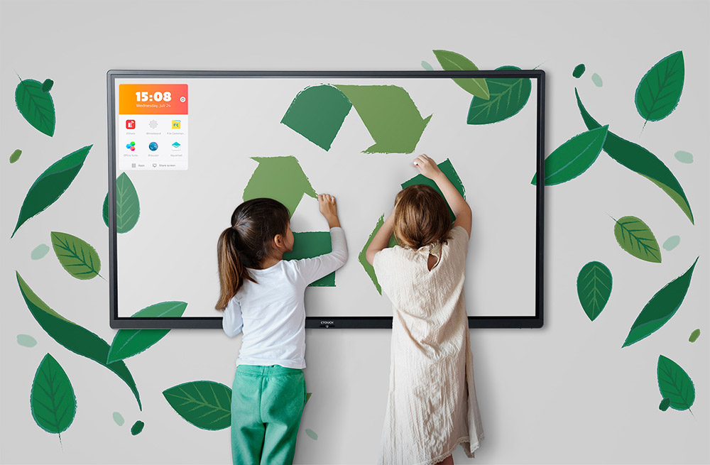 kids draw a recycle nature world icon on a CTOUCH Riva2